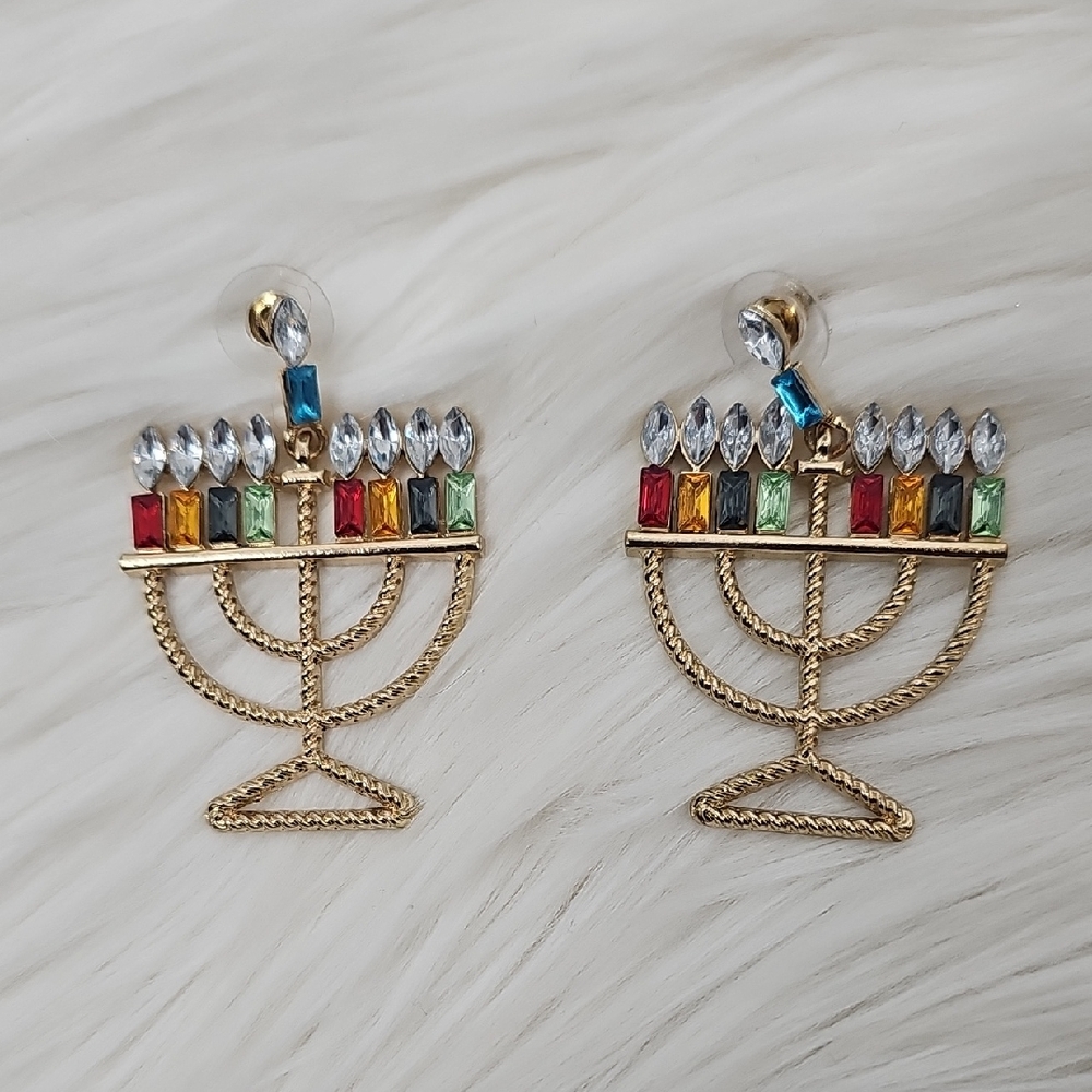 Gold Menorah Earrings w Colorful Crystal‎ Accents Holiday Celebrate Fun